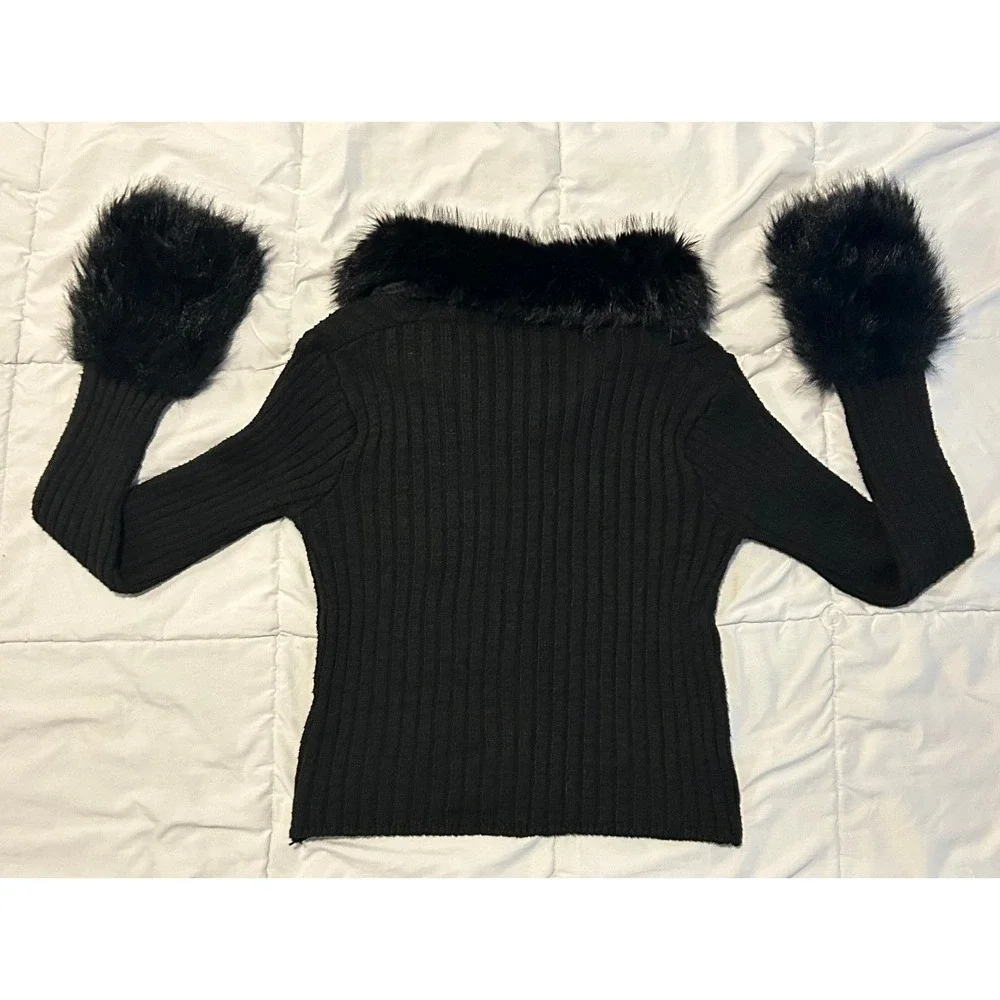 Shein Black Ribbed Knit Cardigan Faux Fur Collar and Cuffs Y2K Top 1474